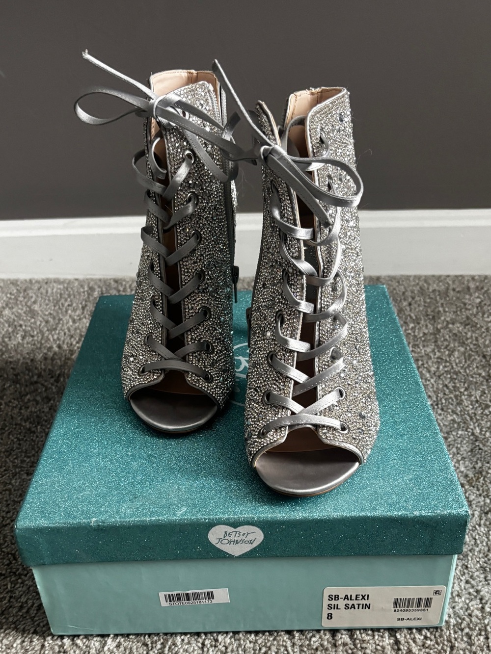 Betsey Johnson Silver Rhinestone Lace-Up Peep-Toe Ankle Boots